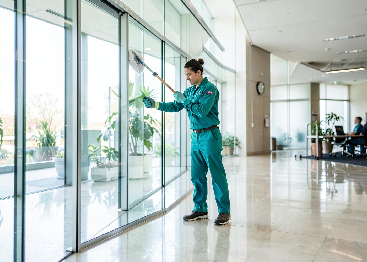 AMIL cleaning crew member cleaning a glass partition in a modern office lobby
